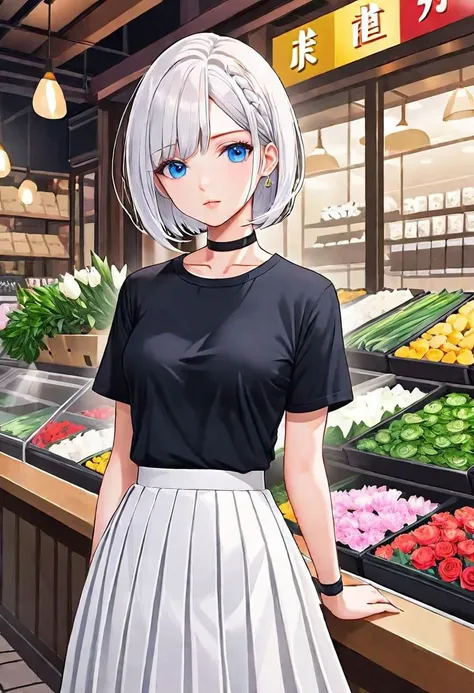 illustration, flower shop, 1girl, solo, looking away, white hair, bob cut, slanted blue eyes, black choker, small breasts, black T-shirt with logo, white pleated long skirt,