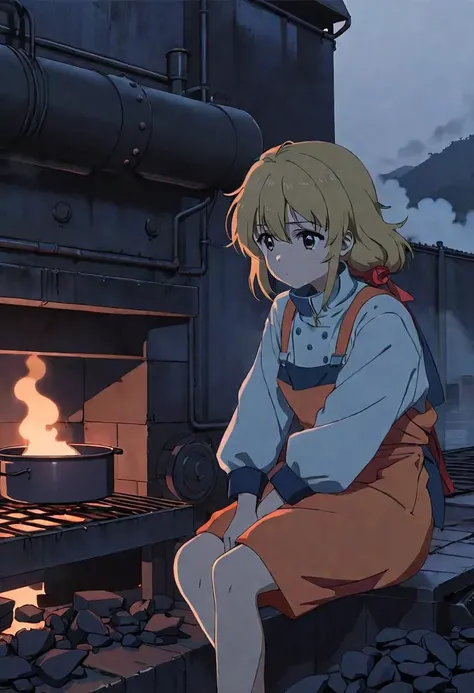 anime screencap, thick outline, girl sitting next to a black coal oven rushed and in water in bad ragged work clothes, sad mood, foggy breath with steam and fog in the background, stylized 80s anime, 1980s style, (cinematic depth of field effect)