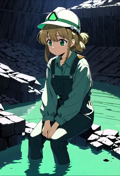 anime screencap, thick outline, girl sitting next to a black coal mine submerged in green water in bad ragged miner clothes, sad mood, stylized 80s anime, 1980s style, (cinematic depth of field effect)