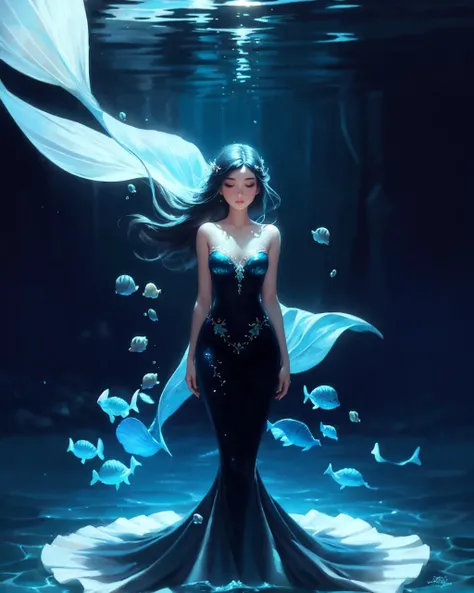 oil painting, (pixar girl, mermaid under water:0.9), delicate decorations, comic artist, [wlop:watercolor::mean], glowing, depth of field, chromatic aberration, dark night, depth of field, digital art with [3D::0.4] depth and depth of field, [bleak horror:...