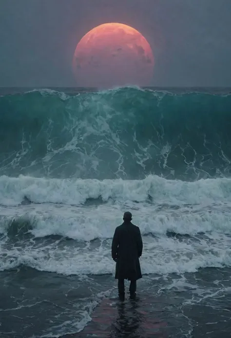 arafed man standing in the ocean watching the sun rise