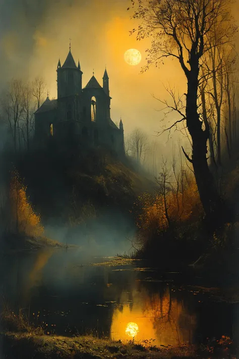 gothic style (masterpiece, best quality, hyper detailed, ultra realistic, 32k, RAW photo) rustic pond, rolling hills scattered with trees, autumn, sunset, sharp focus, intricate, detailed illustration, beautiful color palette, incredible details, high cont...