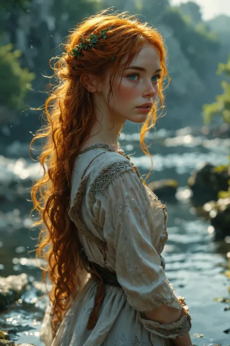 a woman with long red hair standing in a river