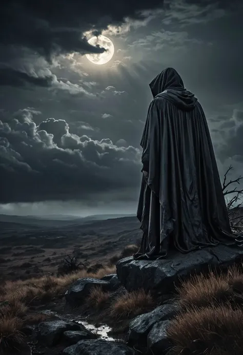 a person in a cloak standing on a rock with a full moon in the background