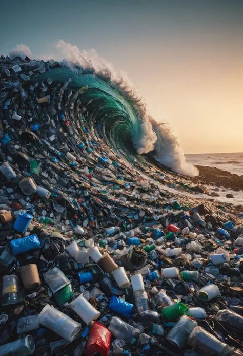 a large wave is breaking over a pile of plastic bottles