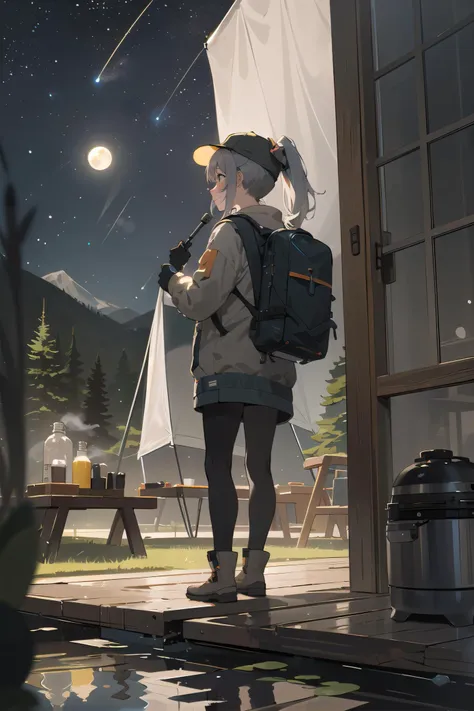 masterpiece, best quality, ultra-detailed, illustration, 1girl, solo, outdoors, camping, night, mountains, nature, stars, moon, ...