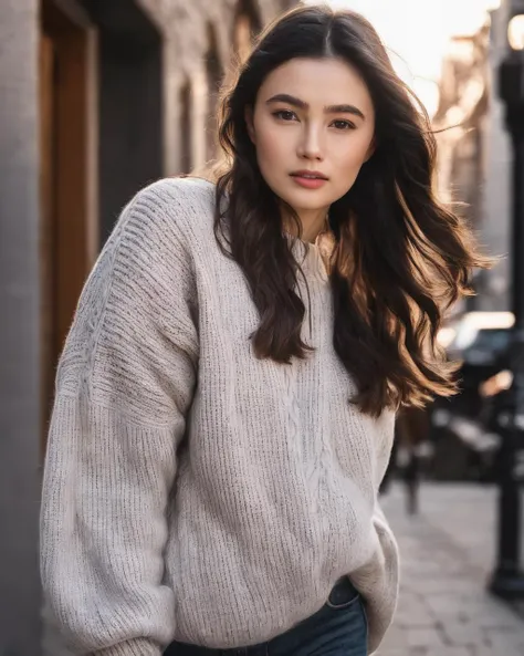 marina_mazepa, <lora:MarinaMazepaXL:1>,a woman wearing a (oversized sweater and jeans), long hair, wavy hair, windy, walking down a street, holding a shopping bag, close up, mid shot,looking at the viewer, ((sharp face, detailed face, realistic face, natur...