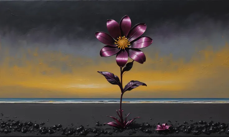 A single Tiny Metal flower grows on a black sandy beach, Vivid contrast and grainy detail are abundant, and chaos seems absent in this surrealism styled oil painting, [Tiny magenta and sea foam accents reside on the edges of the canvas]. Moody and gothic, ...