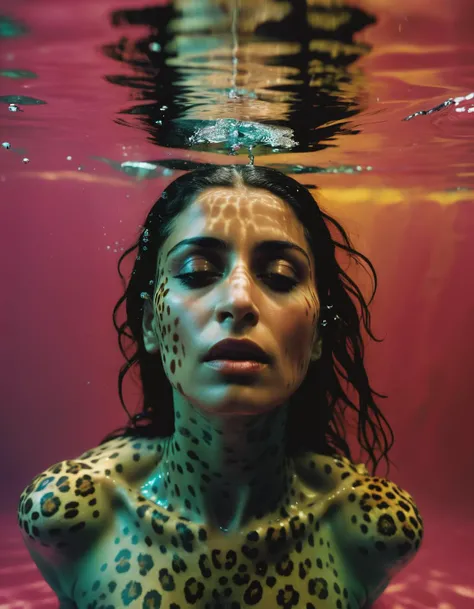 [art by Todd Hido and John Hoyland::19], photograph, ground level shot of a Pakistani (Woman:1.2) , Underwater, feeling very melancholy, epic fantasy, the Woman is wearing a Holy raiment, The Holy raiment is tailored by Jil Sander, in focus, studio lightin...