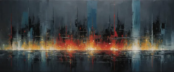 a painting of a city skyline with a lot of buildings