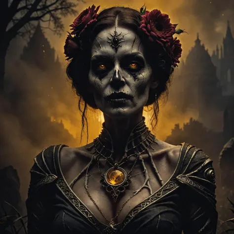 a woman with a skeleton face and a rose in her hair