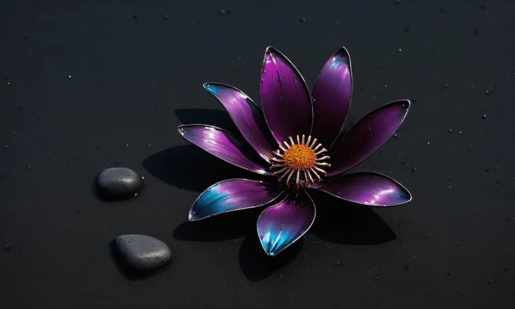 purple flower with blue petals and stones on a black surface