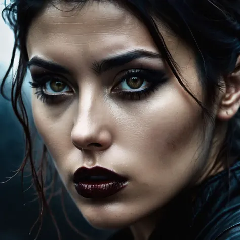 a close up of a woman with a black makeup and dark lipstick