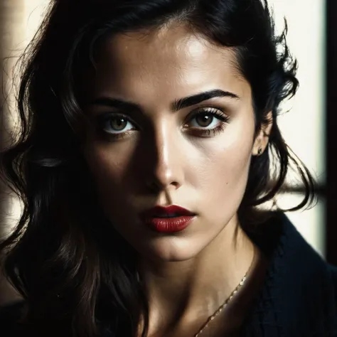 a close up of a woman with a red lipstick and a necklace