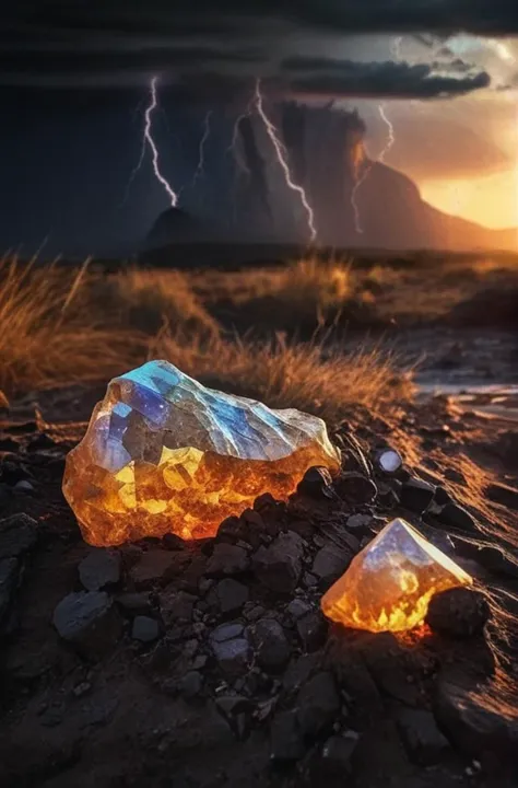 a close up of two rocks on a rocky ground with lightning in the background