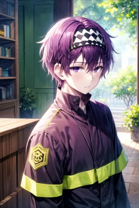 masterpiece, best quality, movie still, 1boy, solo, male focus, looking at viewer, , depth of field, (watercolor illustration, soft pastel colors:1.1), , <lora:makino_aikawa:0.74>, makino_aikawa, purple hair, purple eyes, firefighter costume, ancient greec...