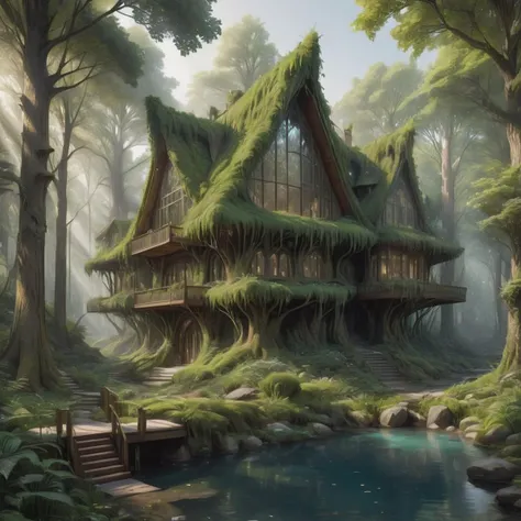 ((best quality)), ((masterpiece)), ((realistic)), (detailed), Enchanted Forest Modern Architecture