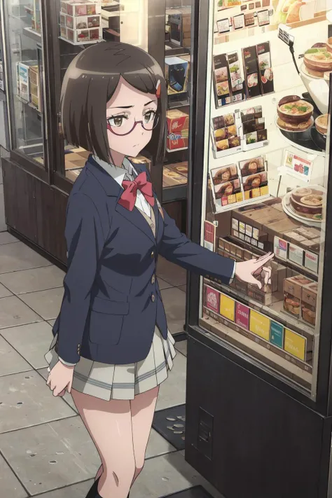 <lora:0020HSCoonomidori:1>,oonomidori,looking_at_viewer,eyewear,school_uniform,blazer,<lora:McDonald_JP_SD15_V2:0.6>,makudo,storefront,scenery,poster (object),ground vehicle,shop,food,tile floor,tiles,outdoors,real world location,