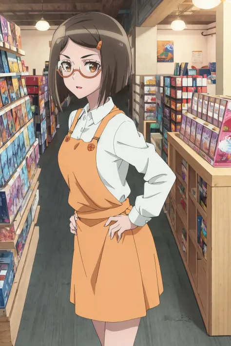 <lora:0020HSCoonomidori:1>,oonomidori,eyewear,board game shop,looking_at_viewer,orange apron,shirt,skirt,