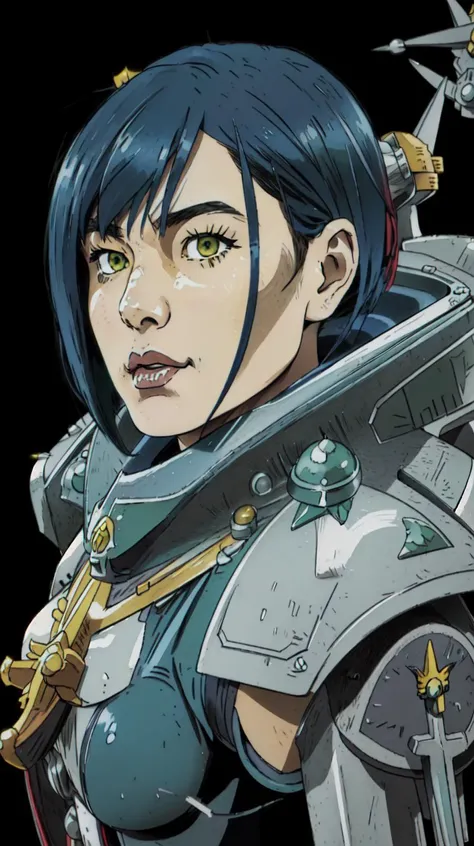 masterpiece,
 <lora:IchigoV1:0.7> ICHIGO, GREEN EYES, BLUE HAIR, SHORT HAIR, HAIR ORNAMENT, (HAIRCLIP, BANGS),
1girl,
(warhammer 40k:1.2), "space marine armor", 
<lora:edgWar40KAdeptaSororitas:0.6> EDGADEPTA ,WEARING EDGADEPTA,POWER ARMOR,SHOULDER ARMOR,SK...