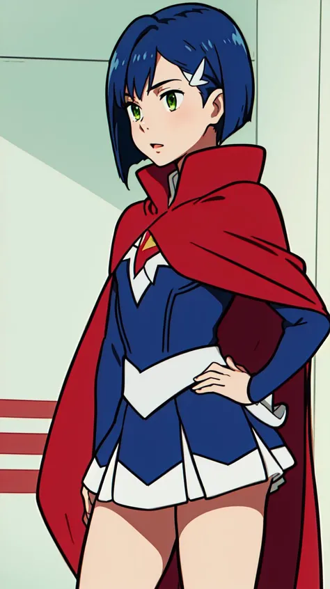 masterpiece,
 <lora:IchigoV1:0.7> ICHIGO, GREEN EYES, BLUE HAIR, SHORT HAIR, HAIR ORNAMENT, HAIRCLIP, BANGS,
1girl,
(super hero outfit, red cape),