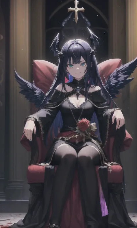 a woman sitting in a chair with wings on her head