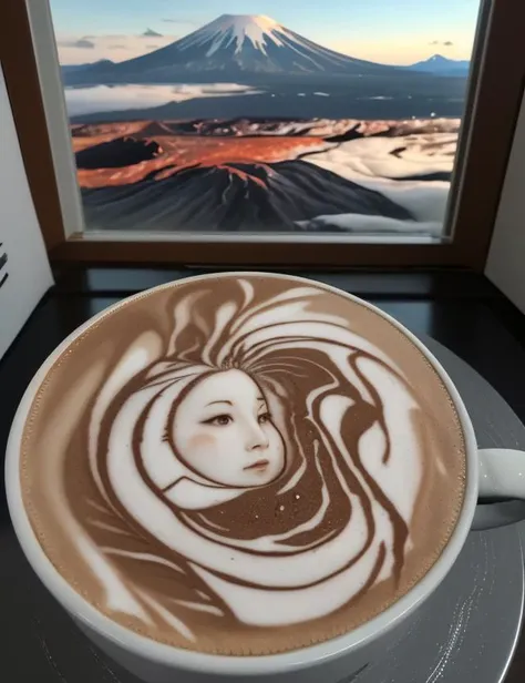 arafed cup of coffee with a picture of a woman in the middle