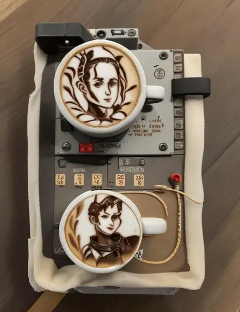 there are two cups of coffee with a drawing of a woman on them