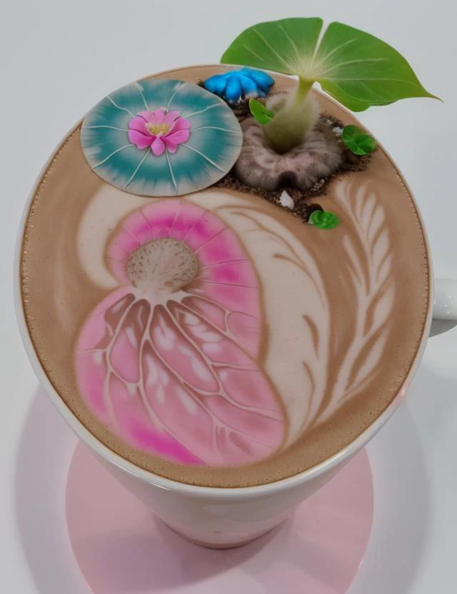 there is a cup of coffee with a flower and a leaf on top