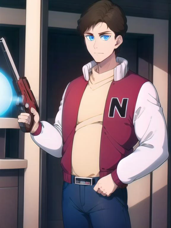 Captain N, brown hair, blue eyes, letterman jacket, belt, pants, holding weapon, holding gun, energy gun