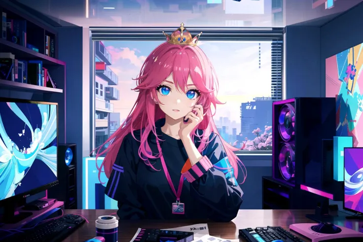 anime girl with pink hair sitting at a desk in front of a computer