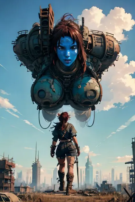 a woman in a blue face and a blue body stands on a field with a large machine