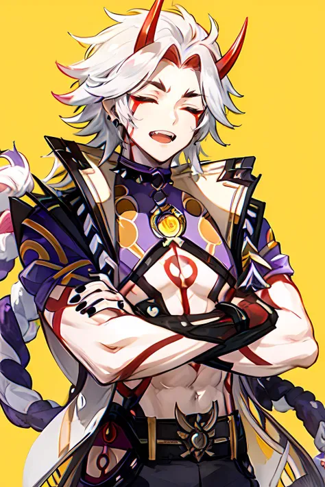 <lora:itto:1> 1boy, male focus, black nails, arataki itto, horns, solo, crossed arms, closed eyes, white hair, open mouth, yellow background, spikes, vision (genshin impact), simple background, jewelry, upper body