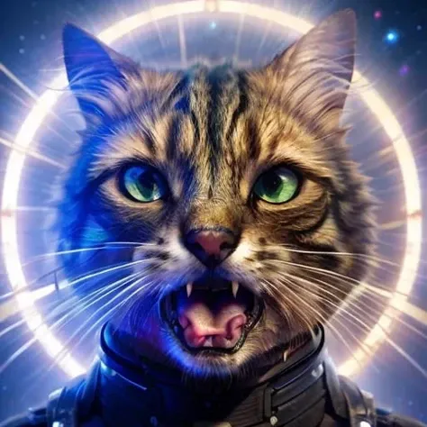 a screaming  <lora:maverick:1> cat staring in the movie: "(guardians of the galaxy:1.1)" (2014), movie poster, lasers, soft boke...