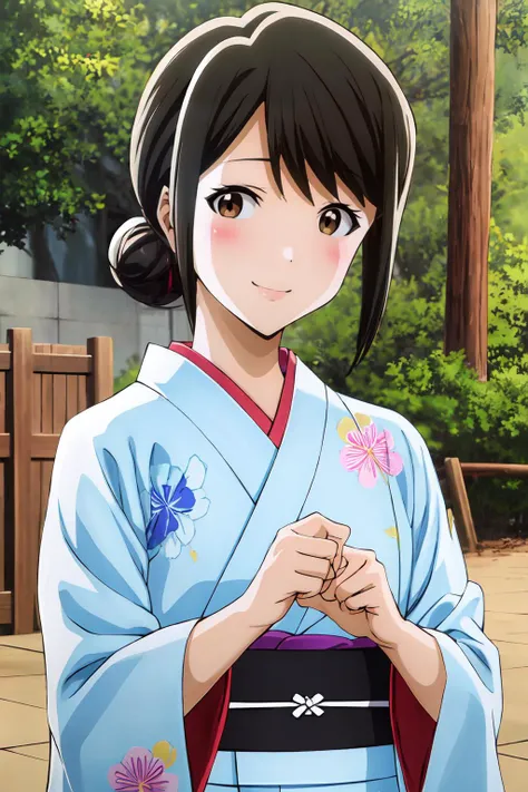 (masterpiece, best quality:1.2), highres, anime screencap, anime coloring, 1girl, solo, smile, blush, 
Akane_Mizuno_V1, black hair, brown hair, short hair, hair bun, single hair bun, sidelocks, hair up, brown eyes, 
japanese clothes, white kimono, yukata, ...