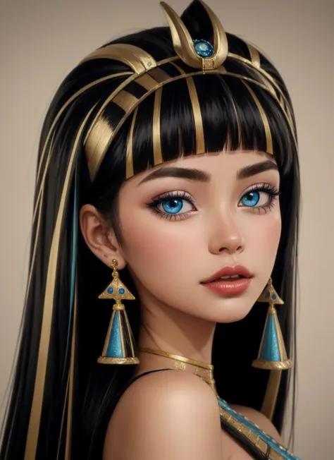 a woman with long black hair and blue eyes wearing a gold headpiece