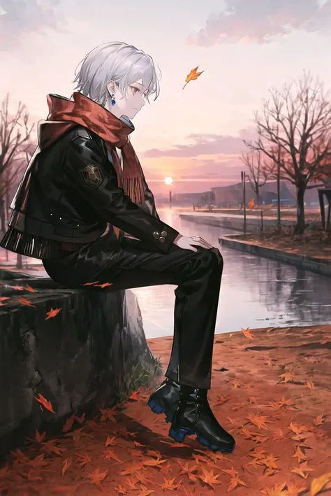 <lora:reoen:1>tree, sitting, solo, 1boy, boots, jewelry, profile, earrings, outdoors, scarf, pants, sky, holding, sunset, leaf, long hair, black footwear, male focus, in tree, from side, knee up, white hair, wavy hair, long sleeves, sitting in tree, star (...