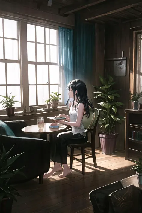 <lora:reoen:1>1girl, basket, table, solo, sitting, cup, book, plant, chair, window, indoors, black hair, food, potted plant, holding, sleeveless, lamp, profile, barefoot, fruit, slippers, jewelry, plate, open book, hairband, long hair