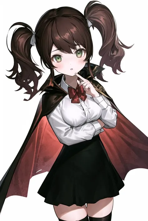 <lora:reoen:1>1girl, solo, thighhighs, skirt, bow, shirt, cape, frills, bowtie, blush, bangs, breasts, twintails, :o, holding, looking at viewer, green eyes, black thighhighs, red bow, white shirt, long sleeves, long hair, arm up, white background, black s...