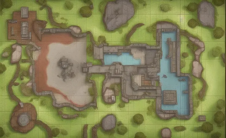 a map of a castle with a pool and a waterfall