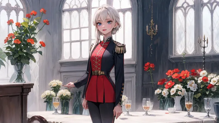 best quality,elsawaifu,(((solo))),(((10 yo))),big breast,petite body, full body,1girl, lewdness,redcoat,red_jacket,victorianera,white pants ,epaulettes,saber, full body,light smile,(flower:1.3),brick wall, grass,too many flowers ,blue sky, cloudy sky, [tre...