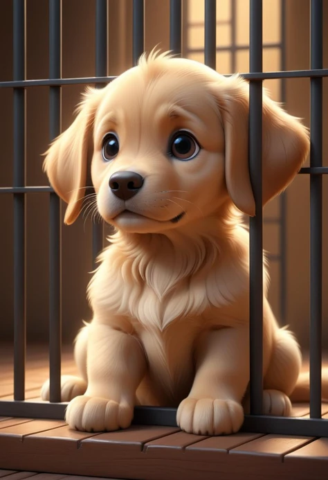 puppy in a cage looking at the camera