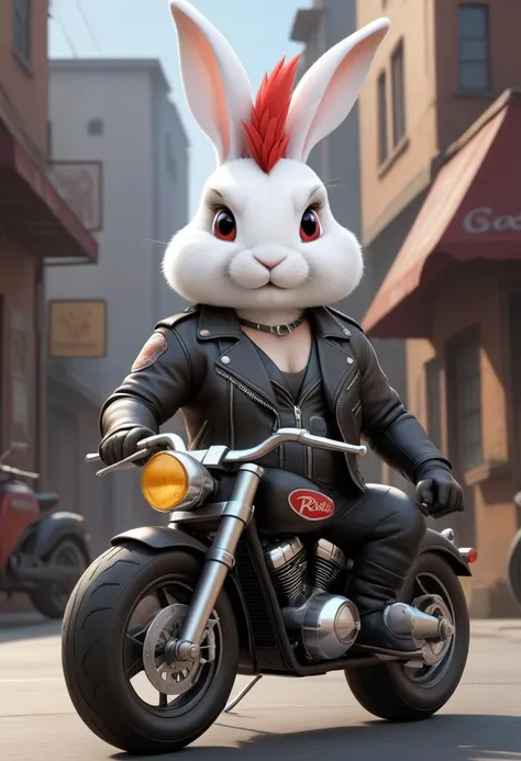 a close up of a rabbit riding a motorcycle on a city street