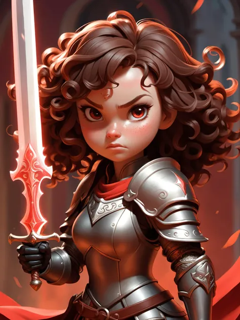 simple background,red background,cute girl,in dark casttle,brown curly hair,magic,masterpiece,high quality,skin pores,detailed skin,angry,armor,<lora:attractive:0.4>,sword,glowing haze,