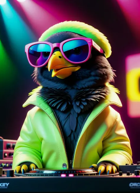 a close up of a person in a parrot costume with sunglasses on