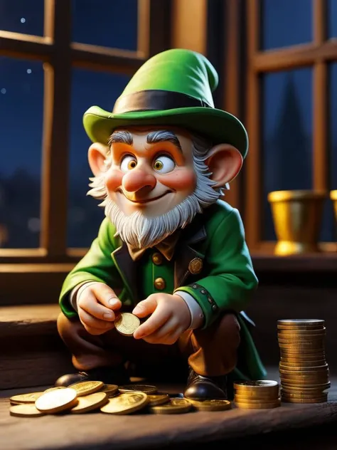 leprechaun counts gold coins, night room,sitting on the windowsill, night, darkness, highly detailed, sharp focus, ultra sharpness,