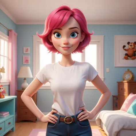 a woman in a white shirt and blue jeans stands in a room