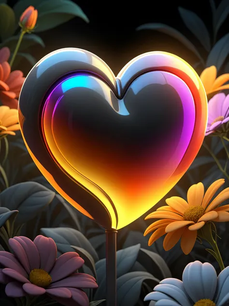 a close up of a heart shaped object in a field of flowers