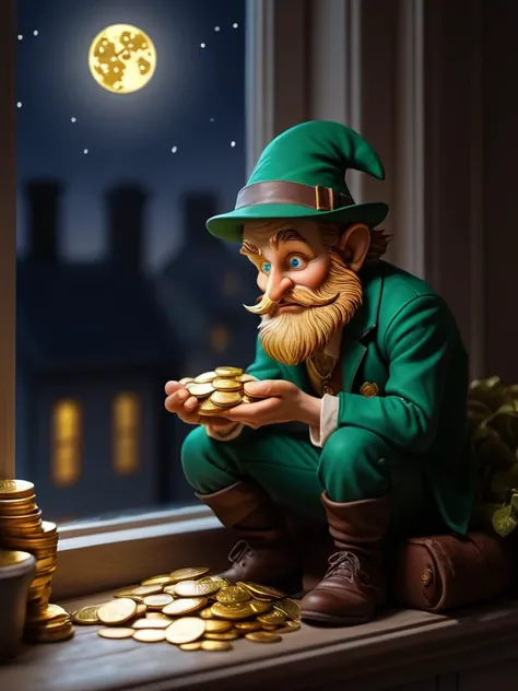 leprechaun counts gold coins, night room,sitting on the windowsill, night, darkness, highly detailed, sharp focus, ultra sharpness,