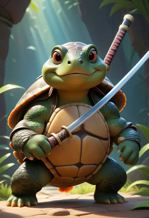 a close up of a toy turtle holding a sword in a jungle